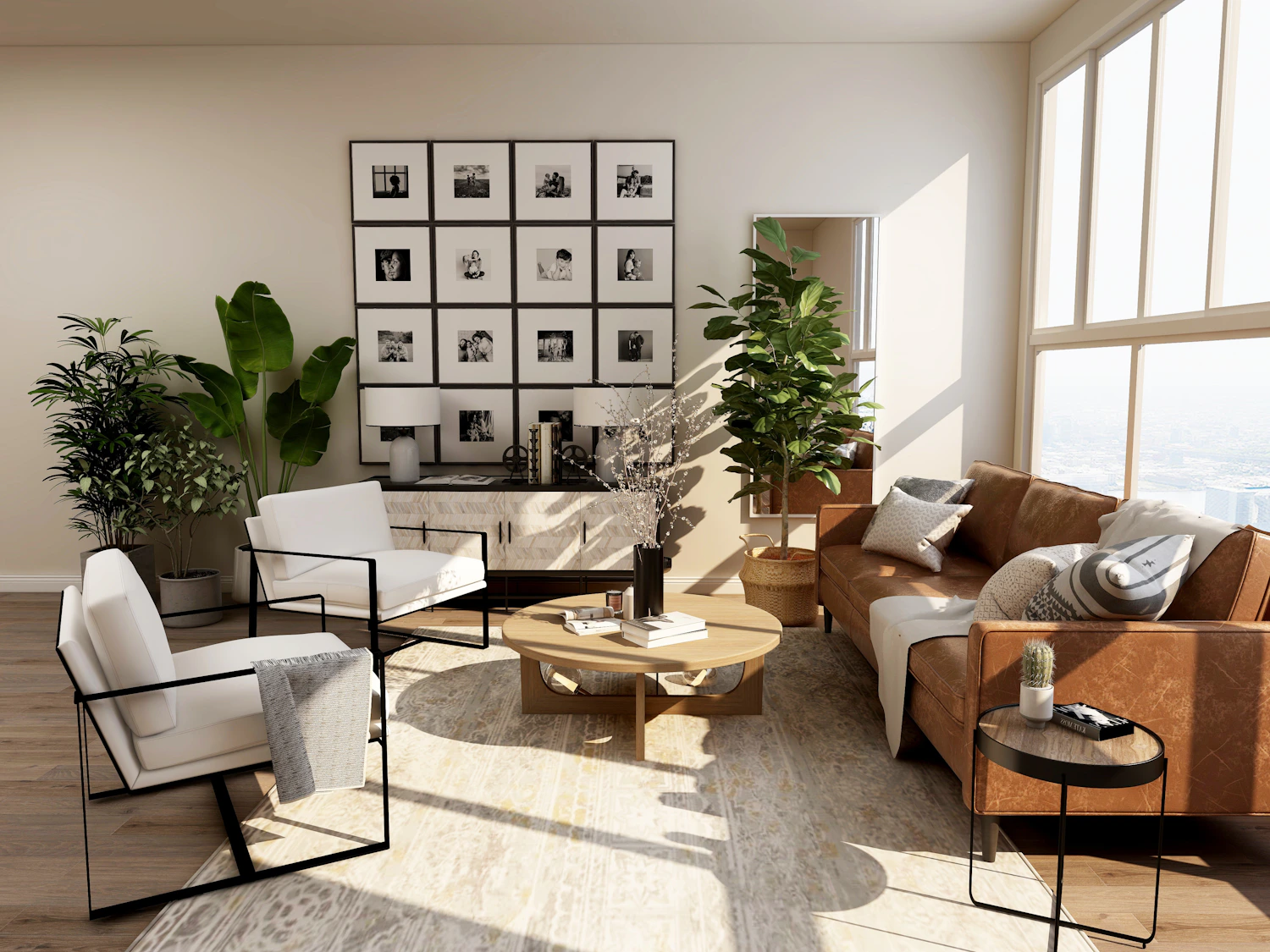 Warm contemporary living room with oak flooring, natural light and thoughtful interior finishes